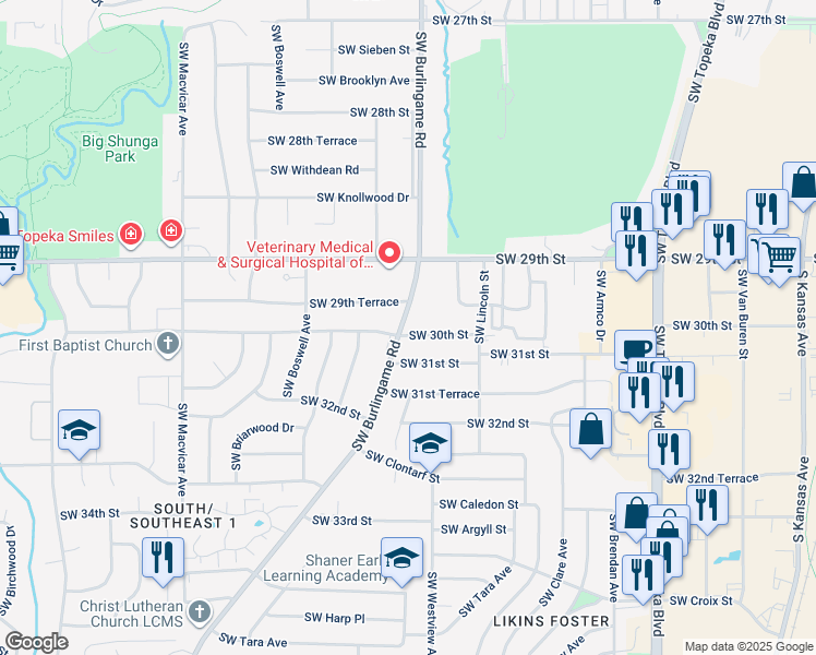 map of restaurants, bars, coffee shops, grocery stores, and more near 1416 Southwest 30th Street in Topeka