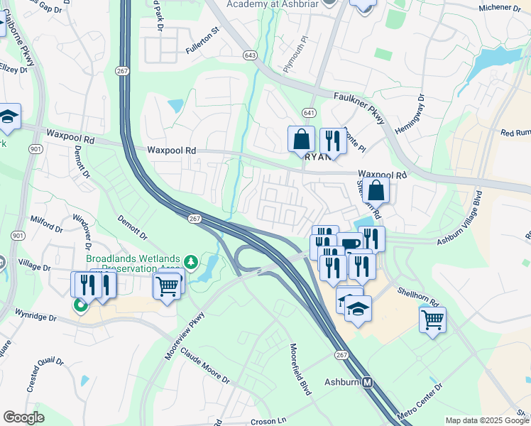 map of restaurants, bars, coffee shops, grocery stores, and more near 21783 Jarvis Square in Ashburn