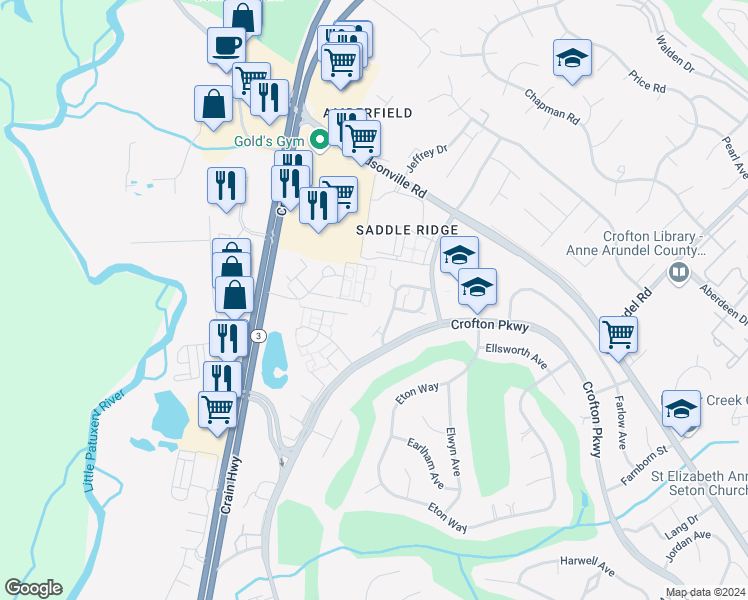 map of restaurants, bars, coffee shops, grocery stores, and more near 1650 Fallowfield Court in Crofton