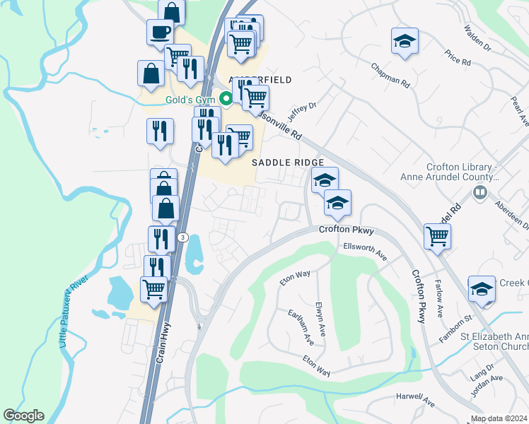 map of restaurants, bars, coffee shops, grocery stores, and more near 1642 Fallowfield Court in Crofton