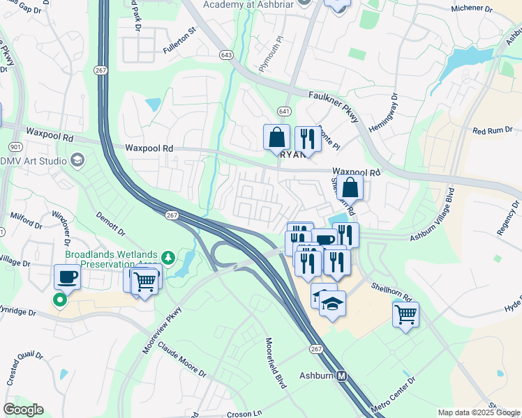 map of restaurants, bars, coffee shops, grocery stores, and more near Kelsey Square in Ashburn