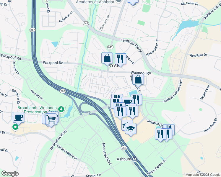 map of restaurants, bars, coffee shops, grocery stores, and more near 21821 Petworth Court in Ashburn