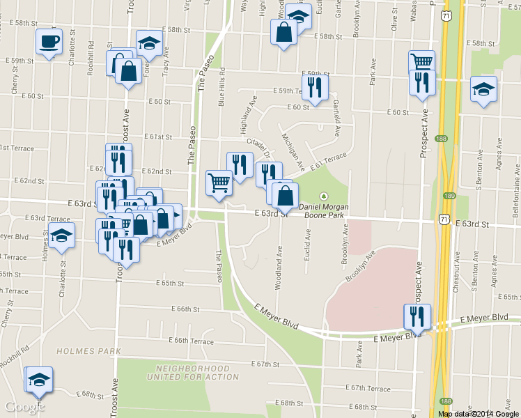 map of restaurants, bars, coffee shops, grocery stores, and more near 1730 East 63rd Street in Kansas City