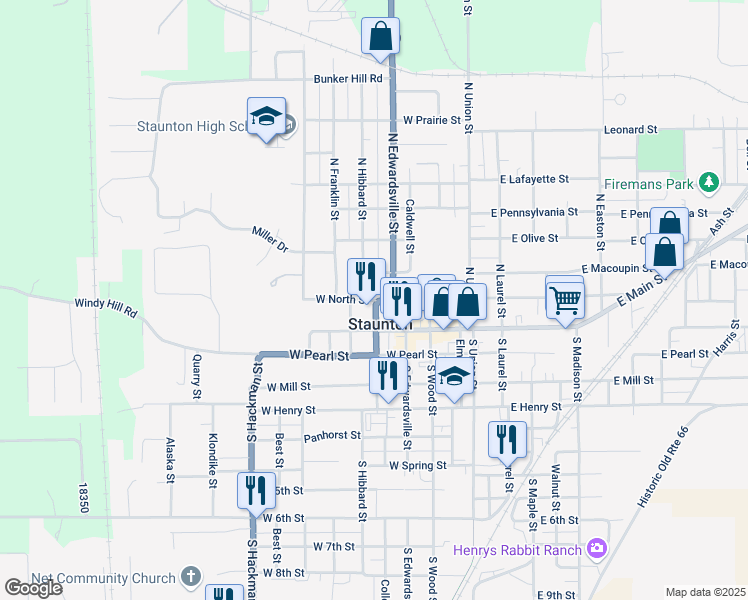 map of restaurants, bars, coffee shops, grocery stores, and more near 417 W North St in Staunton