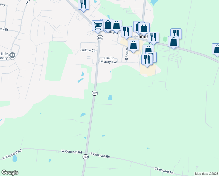 map of restaurants, bars, coffee shops, grocery stores, and more near 3328 Highway 132 in Amelia