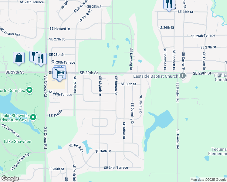 map of restaurants, bars, coffee shops, grocery stores, and more near 3000 Southeast Burton Street in Topeka