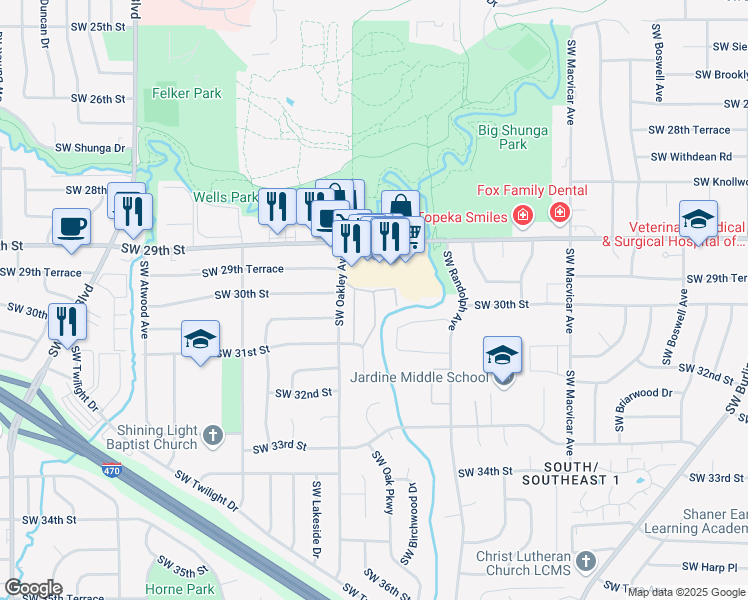 map of restaurants, bars, coffee shops, grocery stores, and more near 2912 Southwest 31st Court in Topeka