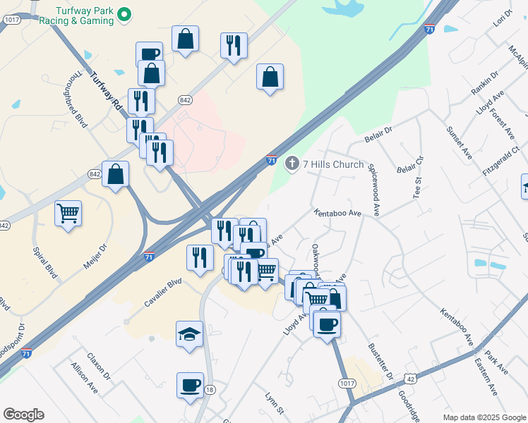 map of restaurants, bars, coffee shops, grocery stores, and more near 7310 Turfway Road in Florence
