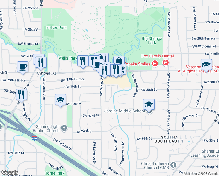 map of restaurants, bars, coffee shops, grocery stores, and more near 2912 Southwest 31st Court in Topeka