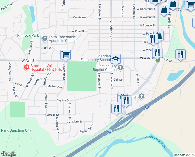 map of restaurants, bars, coffee shops, grocery stores, and more near 1014 South Webster Street in Junction City