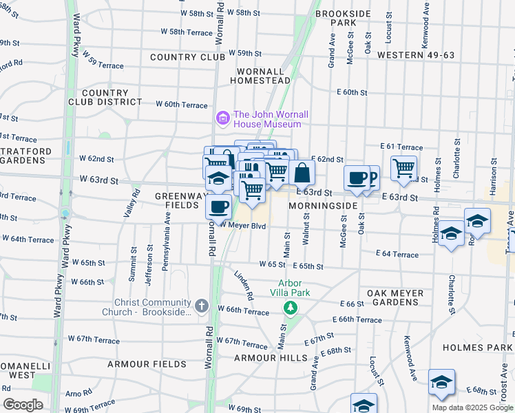 map of restaurants, bars, coffee shops, grocery stores, and more near 6327 Brookside Plaza in Kansas City