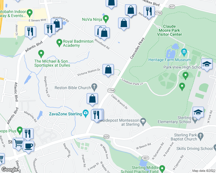 map of restaurants, bars, coffee shops, grocery stores, and more near 21781 Cypress Valley Terrace in Sterling