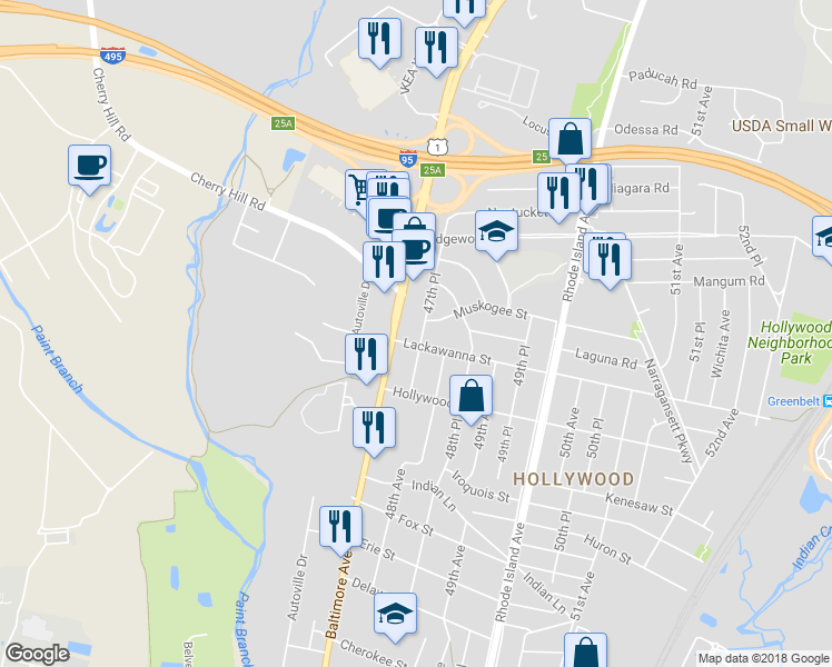 map of restaurants, bars, coffee shops, grocery stores, and more near 9702 47th Place in College Park