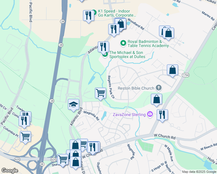 map of restaurants, bars, coffee shops, grocery stores, and more near 21785 Regents Park Circle in Sterling