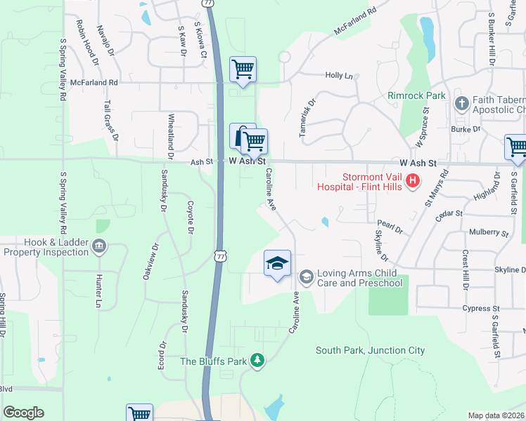 map of restaurants, bars, coffee shops, grocery stores, and more near 1022 Caroline Avenue in Junction City