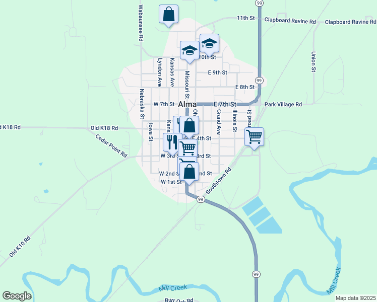 map of restaurants, bars, coffee shops, grocery stores, and more near 306 Missouri Street in Alma