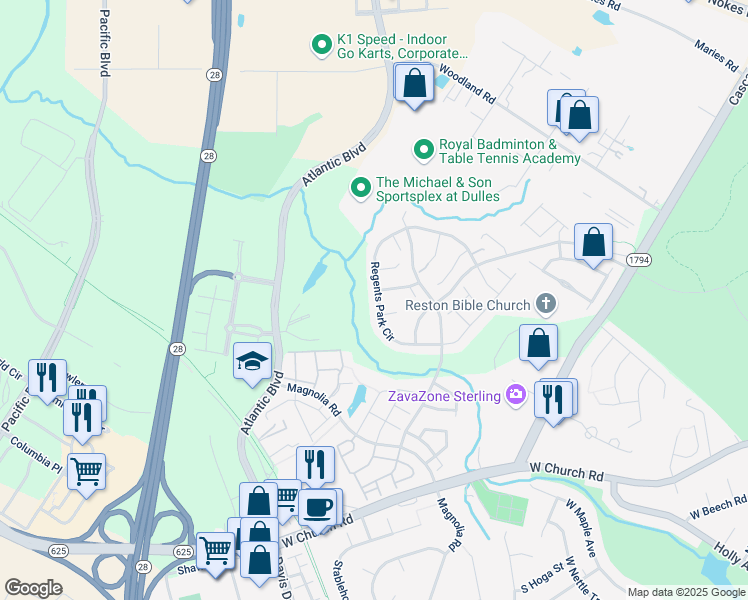 map of restaurants, bars, coffee shops, grocery stores, and more near 21785 Regents Park Circle in Sterling