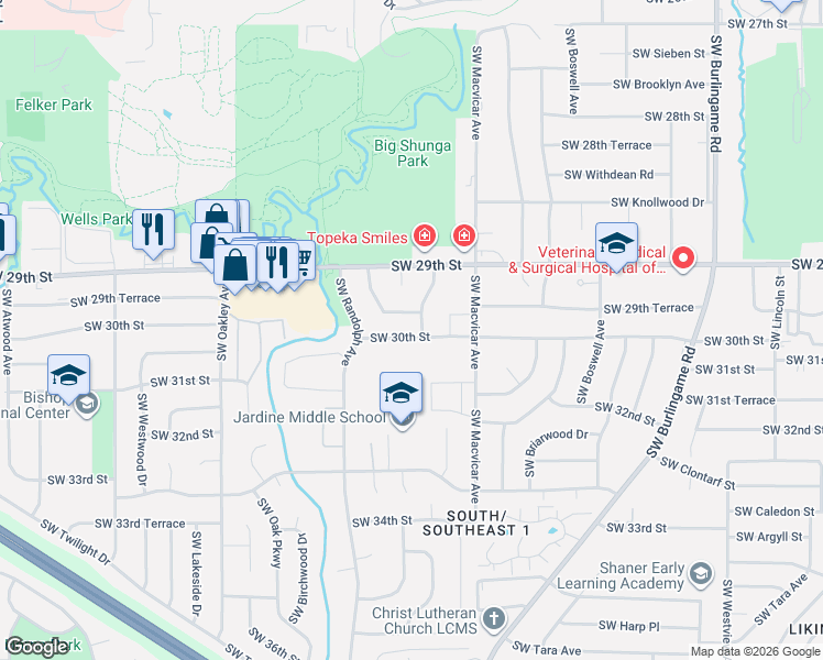 map of restaurants, bars, coffee shops, grocery stores, and more near 2413 Southwest 29th Terrace in Topeka
