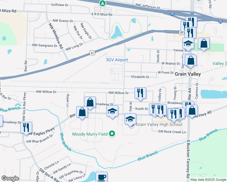 map of restaurants, bars, coffee shops, grocery stores, and more near 718 Northwest Willow Drive in Grain Valley