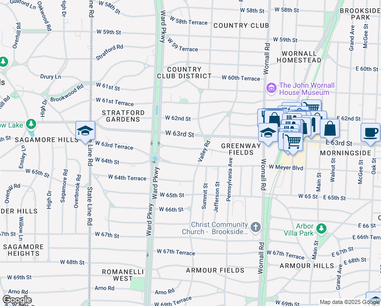 map of restaurants, bars, coffee shops, grocery stores, and more near 808 Greenway Terrace in Kansas City