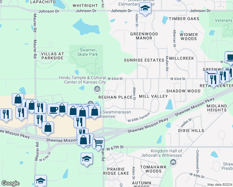 map of restaurants, bars, coffee shops, grocery stores, and more near 6401 Darnell Street in Shawnee
