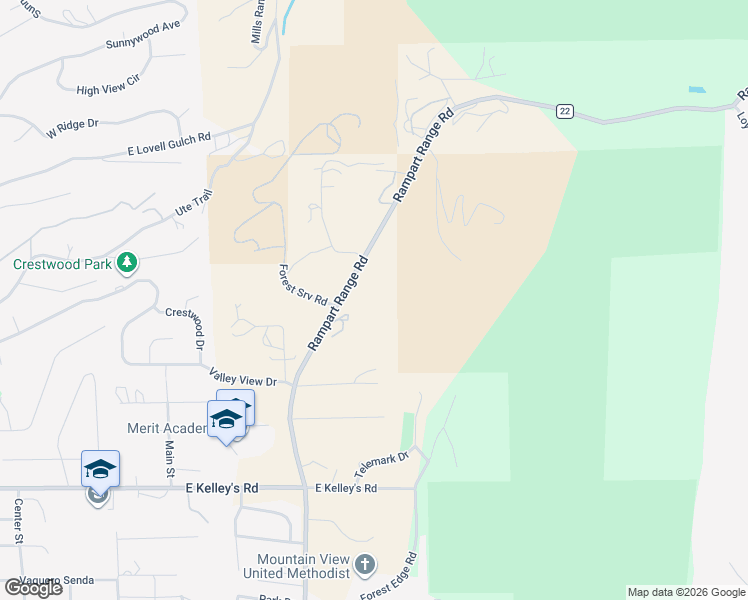 map of restaurants, bars, coffee shops, grocery stores, and more near 2001 Rampart Range Road in Woodland Park