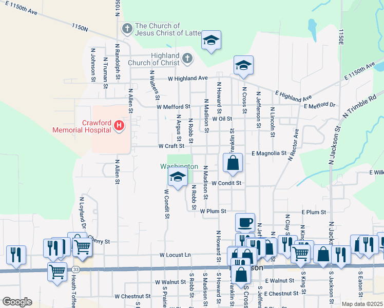 map of restaurants, bars, coffee shops, grocery stores, and more near 900 North Robb Street in Robinson