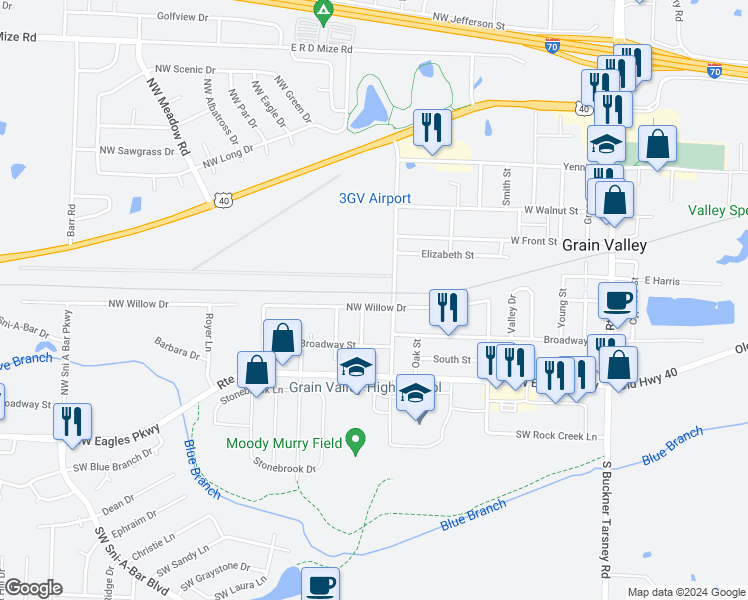 map of restaurants, bars, coffee shops, grocery stores, and more near 708 Northwest Willow Drive in Grain Valley