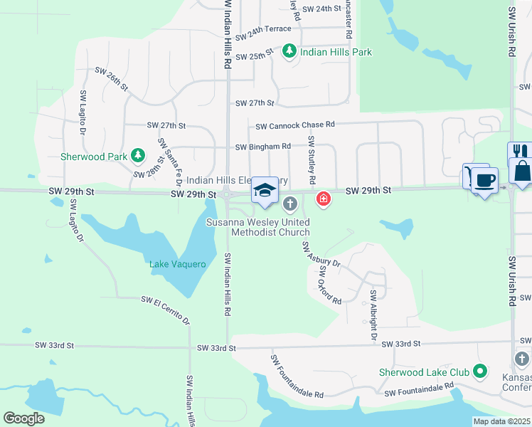 map of restaurants, bars, coffee shops, grocery stores, and more near 7445 Southwest 29th Street in Topeka