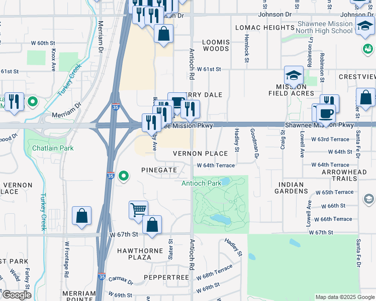 map of restaurants, bars, coffee shops, grocery stores, and more near 8703 Shawnee Mission Parkway in Mission