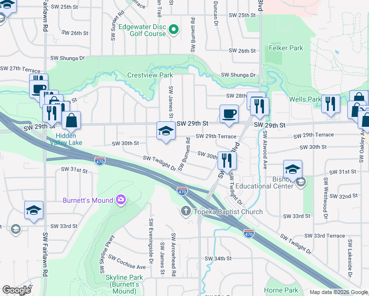 map of restaurants, bars, coffee shops, grocery stores, and more near 2921-2927 Southwest Burnett Road in Topeka
