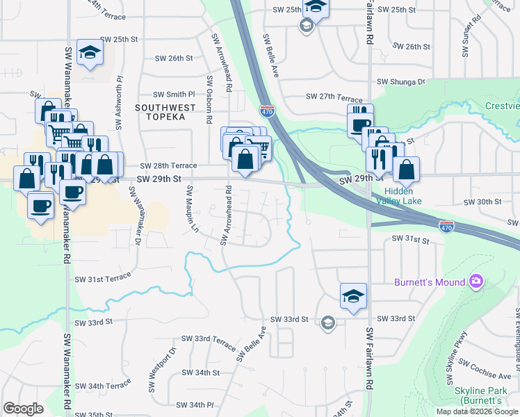 map of restaurants, bars, coffee shops, grocery stores, and more near 2922 Southwest Foxcroft Court-1 in Topeka