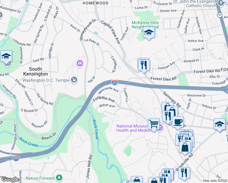 map of restaurants, bars, coffee shops, grocery stores, and more near 2908 Newcastle Avenue in Silver Spring