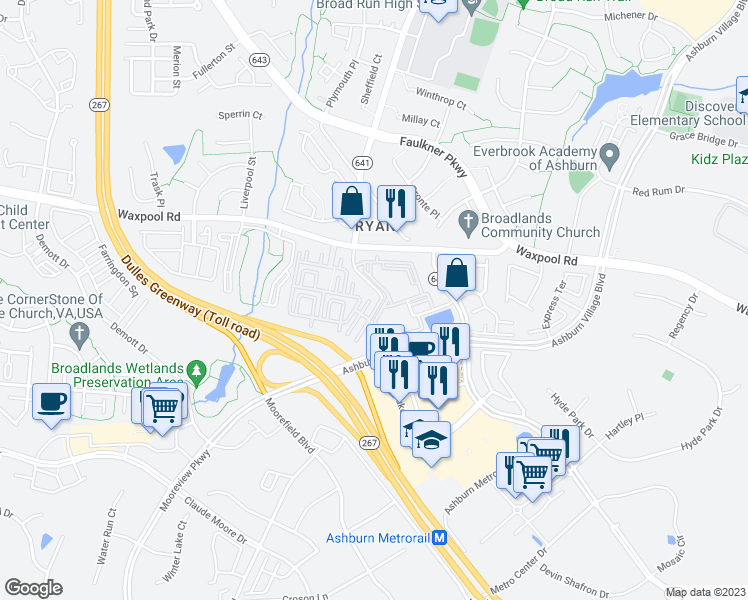 map of restaurants, bars, coffee shops, grocery stores, and more near 21808 Petworth Court in Ashburn