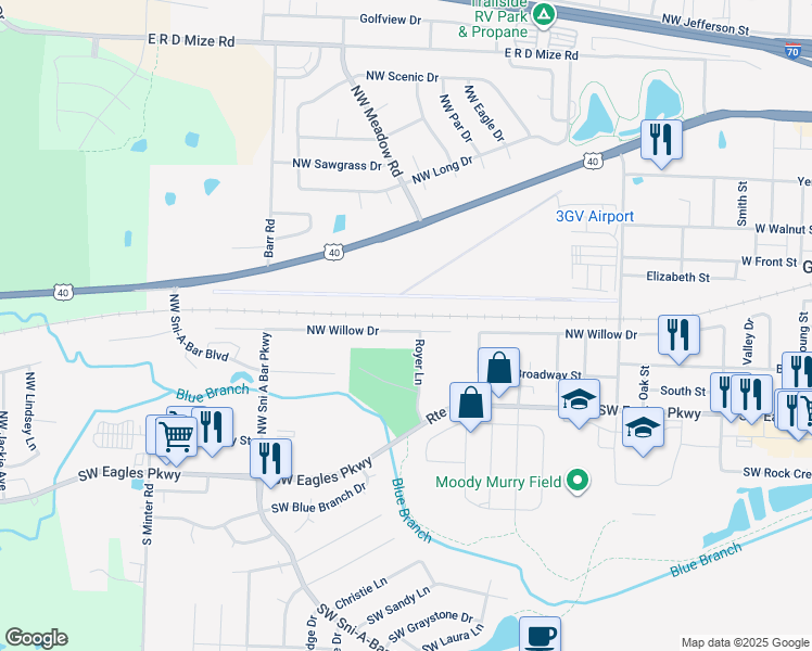 map of restaurants, bars, coffee shops, grocery stores, and more near 1102 Northwest Willow Drive in Grain Valley