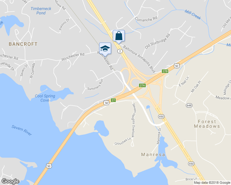 map of restaurants, bars, coffee shops, grocery stores, and more near 1674 Winchester Road in Annapolis