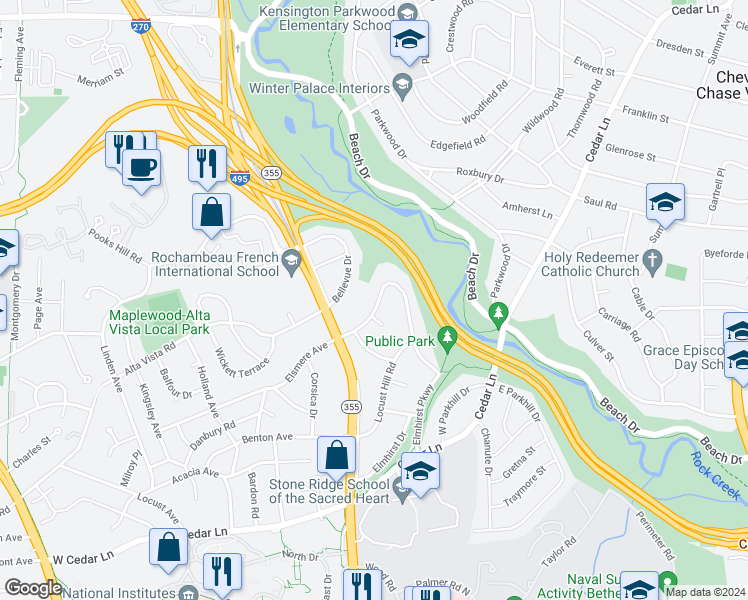 map of restaurants, bars, coffee shops, grocery stores, and more near 4833 Broad Brook Drive in Bethesda