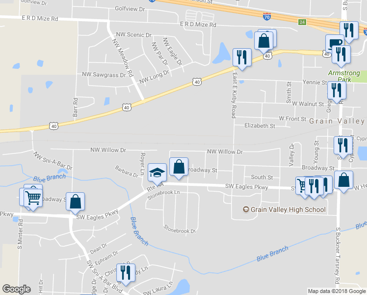 map of restaurants, bars, coffee shops, grocery stores, and more near 904 Northwest Willow Drive in Grain Valley