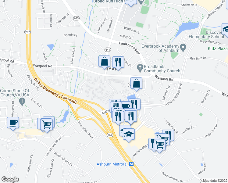 map of restaurants, bars, coffee shops, grocery stores, and more near 43699 Ryan Corner Place in Ashburn