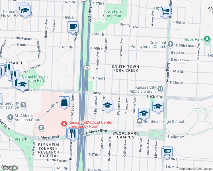 map of restaurants, bars, coffee shops, grocery stores, and more near 6209 Agnes Avenue in Kansas City