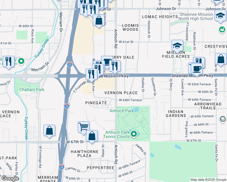 map of restaurants, bars, coffee shops, grocery stores, and more near 8703 Shawnee Mission Parkway in Mission