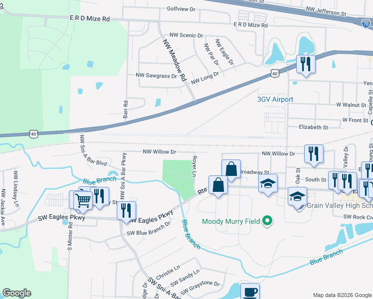 map of restaurants, bars, coffee shops, grocery stores, and more near 1108 Northwest Willow Drive in Grain Valley