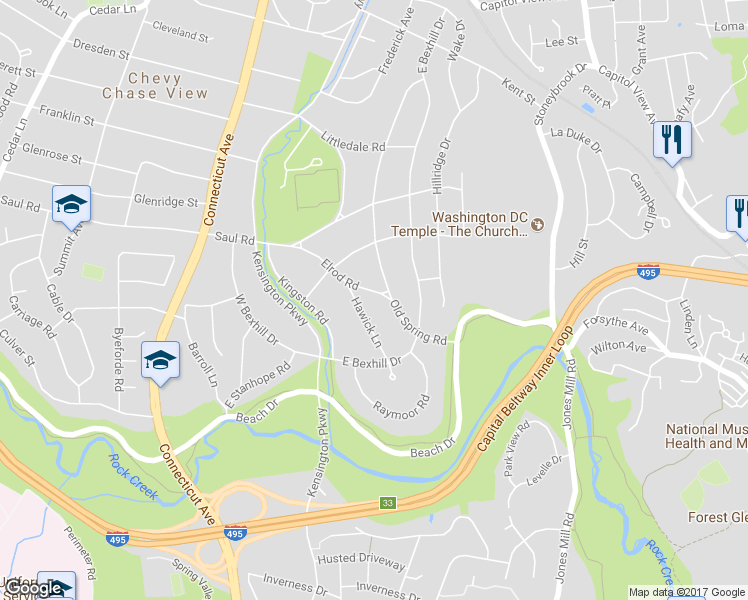 map of restaurants, bars, coffee shops, grocery stores, and more near 9624 Elrod Road in Kensington
