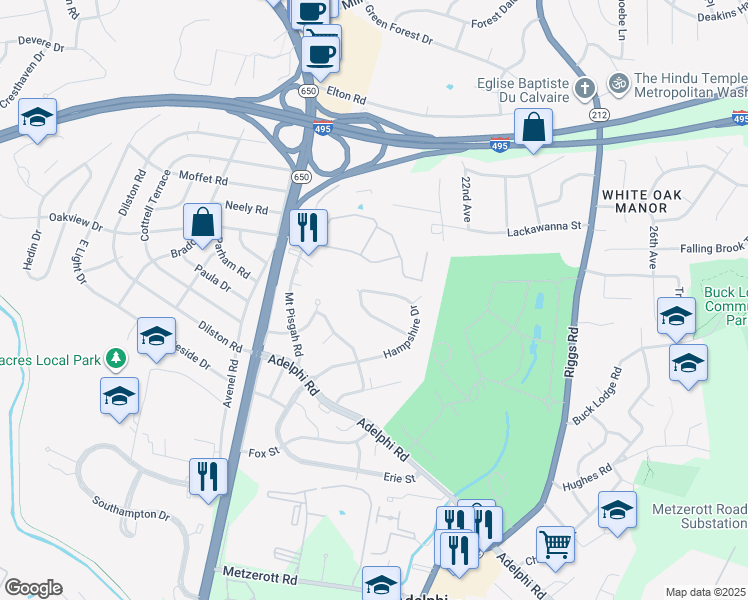 map of restaurants, bars, coffee shops, grocery stores, and more near 2212 Hampshire Drive in Hyattsville