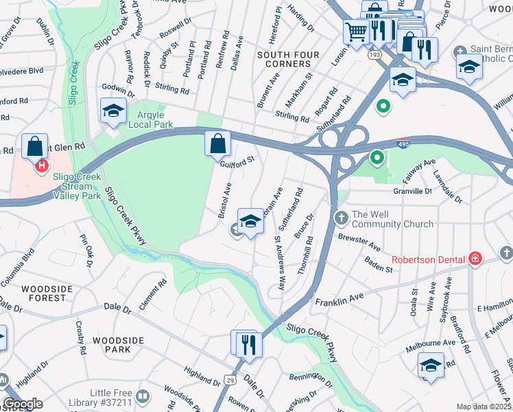 map of restaurants, bars, coffee shops, grocery stores, and more near 9605 Brunett Avenue in Silver Spring