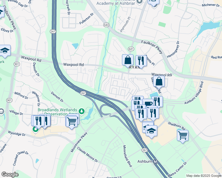 map of restaurants, bars, coffee shops, grocery stores, and more near 21786 Jarvis Square in Ashburn