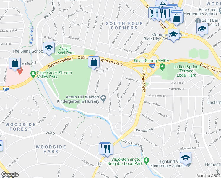 map of restaurants, bars, coffee shops, grocery stores, and more near 9605 Brunett Avenue in Silver Spring