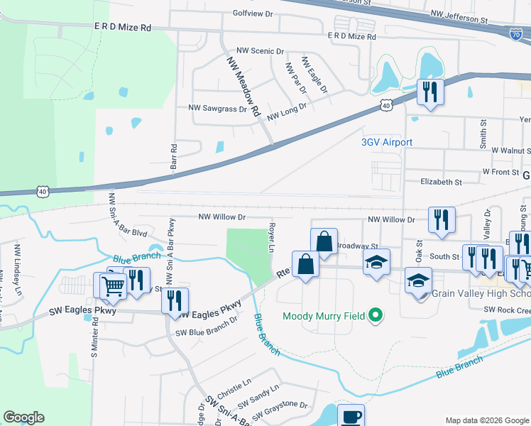 map of restaurants, bars, coffee shops, grocery stores, and more near 1108 Northwest Willow Drive in Grain Valley