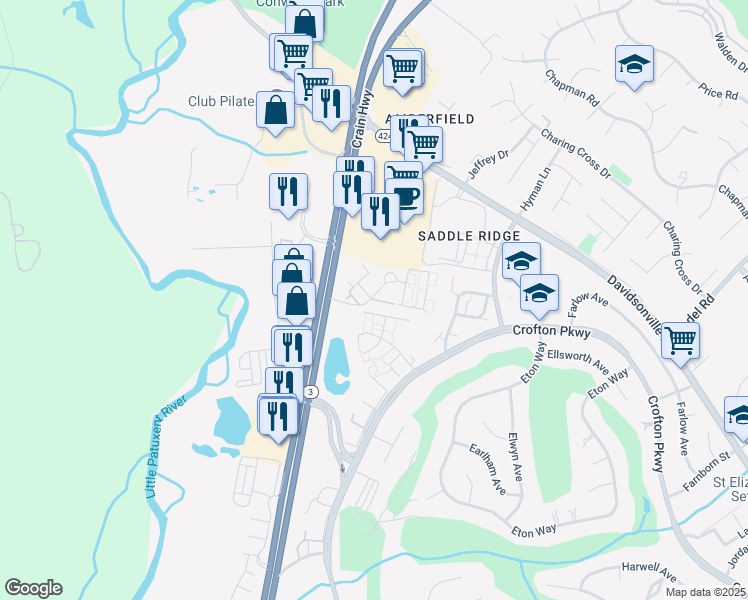 map of restaurants, bars, coffee shops, grocery stores, and more near Danewood Court in Crofton