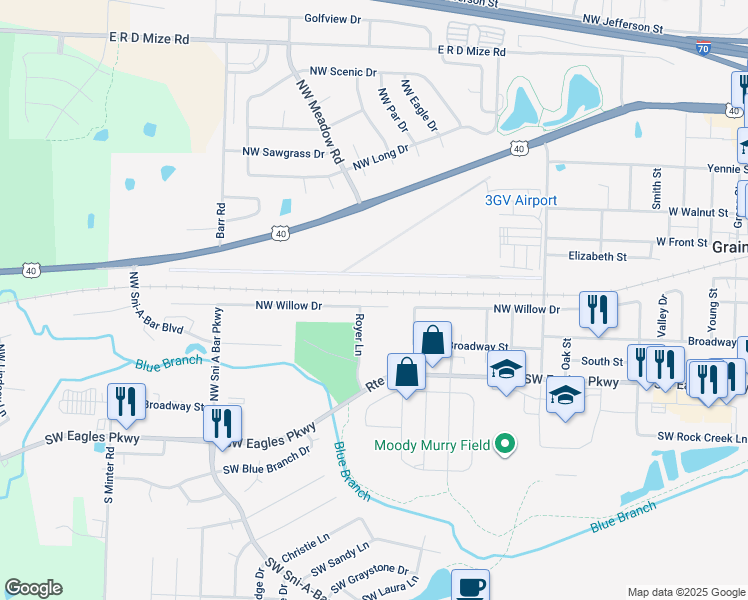 map of restaurants, bars, coffee shops, grocery stores, and more near 1028 Northwest Willow Drive in Grain Valley